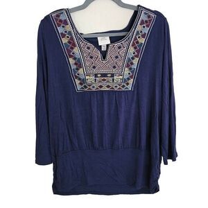 Knox Rose Embroidered Tunic Top Womens Size XXL Notched  Rayon Stretch Boho Blue